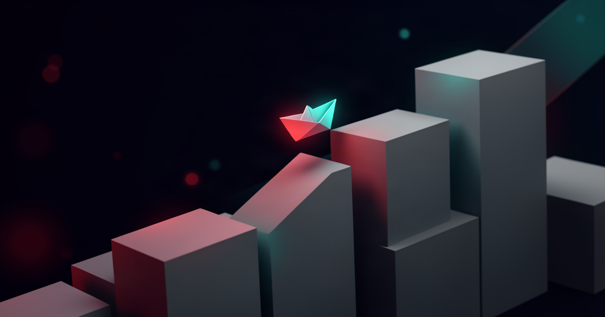 A small glowing shape rising past larger grey cubes on a slope, symbolizing a small site outclimbing bigger brands on an attention leaderboard