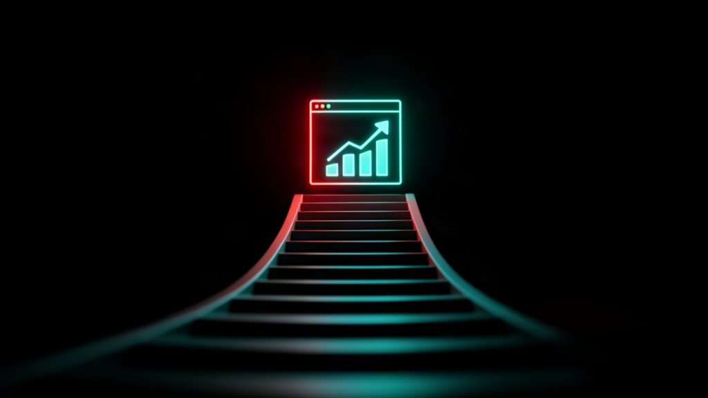 How to improve site visibility — a small website rising up a glowing leaderboard against a dark background with a red clock