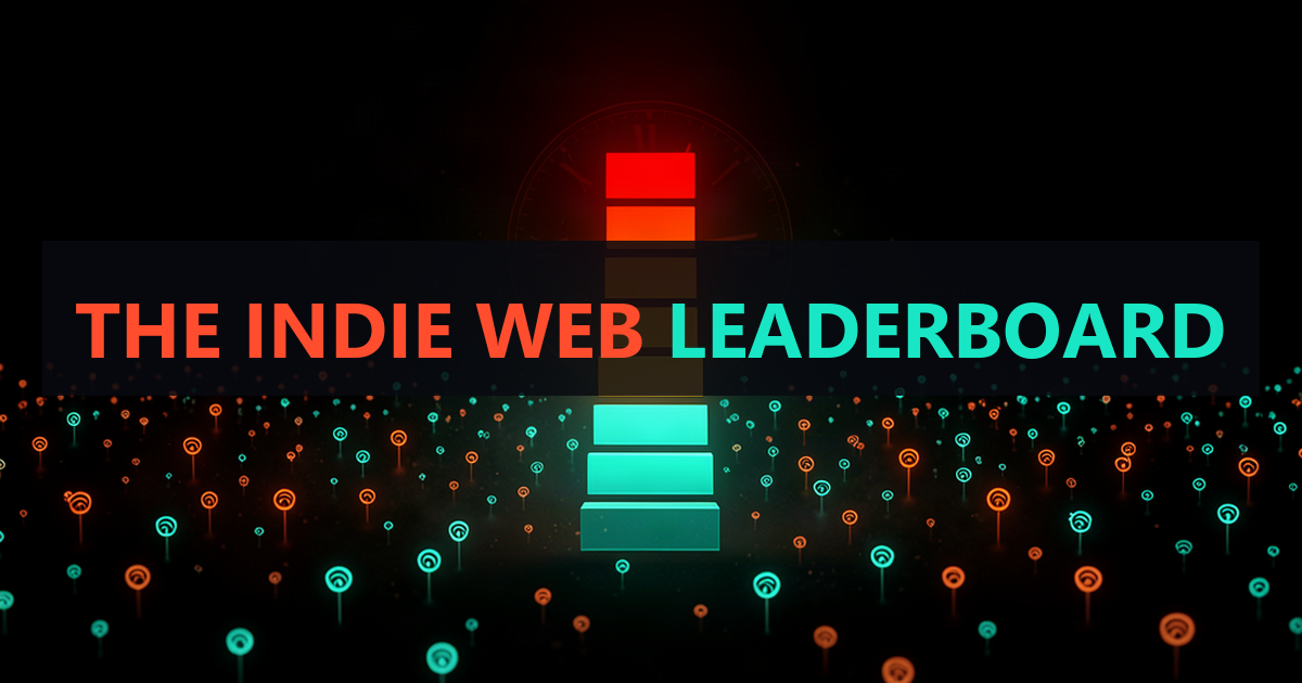 Indie web leaderboard — a glowing ranking tower rising from a scattered field of dim independent site markers, red and teal on a near-black night field, no text