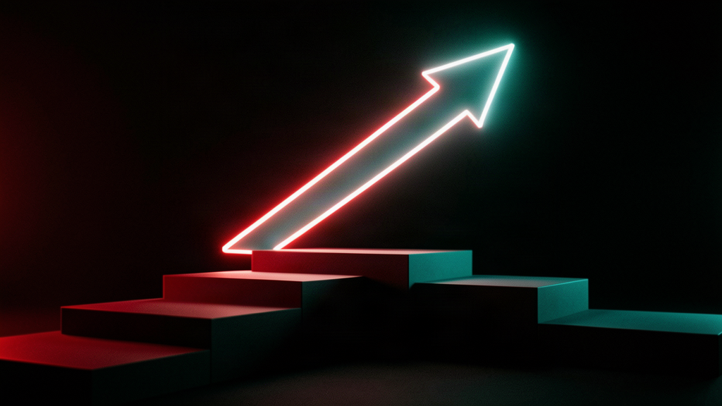 Marketing leaderboard — a glowing website climbing past stepped podium levels on a dark scoreboard lit in red and teal dramatic light, cinematic, no text
