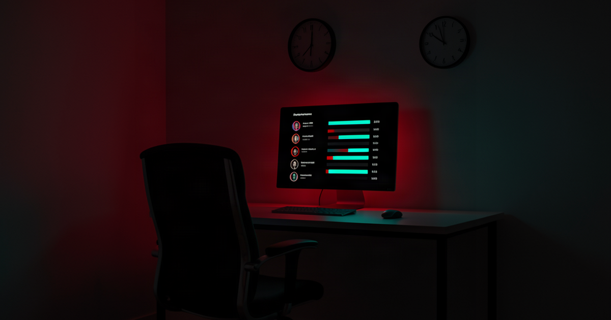 Ranking psychology — an empty dark office chair in front of a glowing attention-leaderboard screen with a slowly ticking clock, lit in red and teal, no text