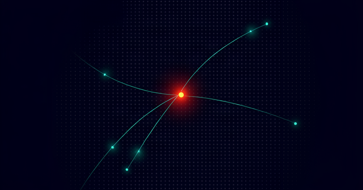 A dark aerial grid of dim dots with one dot glowing red and thin teal light trails curving toward nearby dots